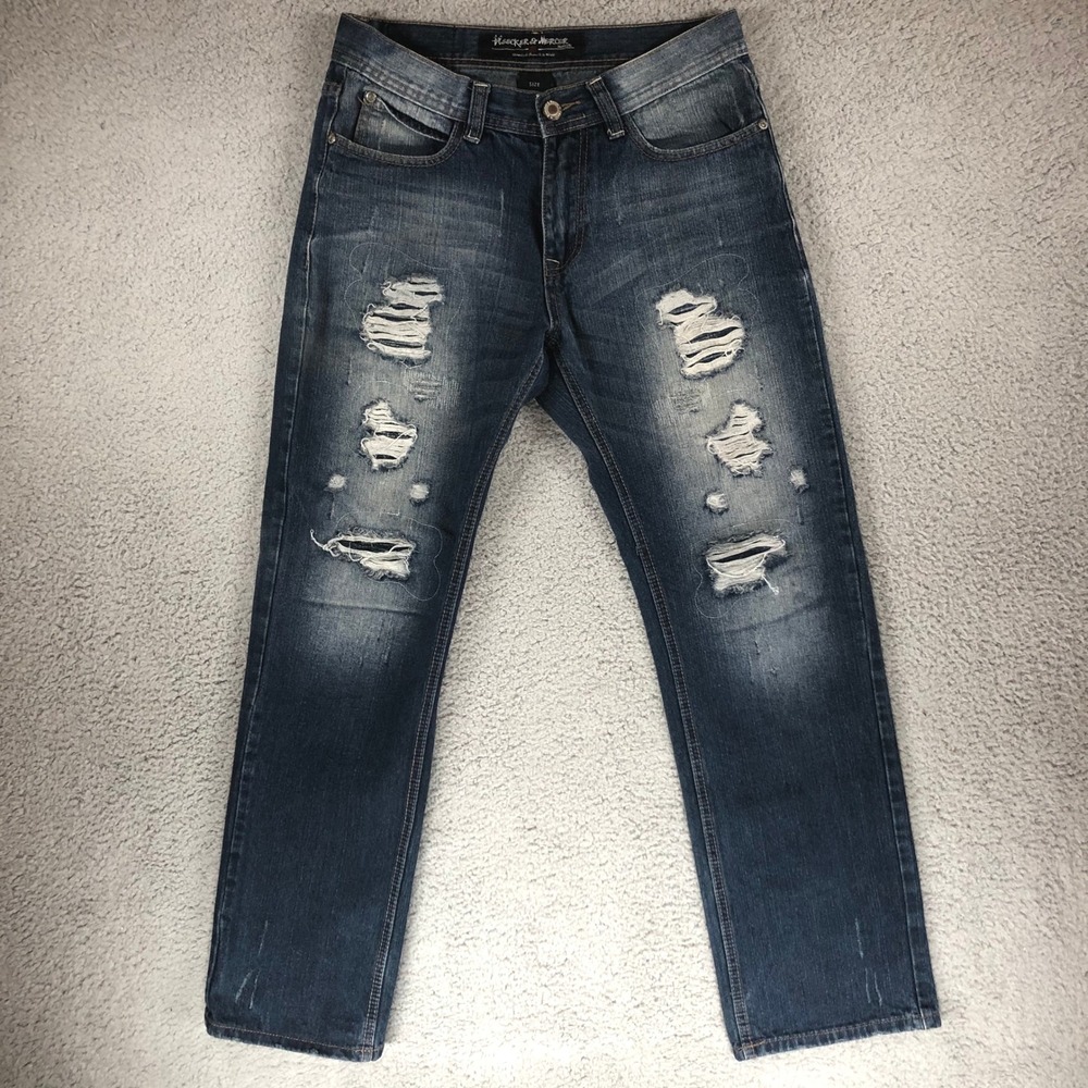 Bleecker & Mercer Mens Distressed Straight Leg Jeans Blue Ripped W32 L32